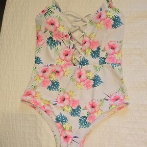 Floral One-Piece Swimsuit with Lace-Up Front
